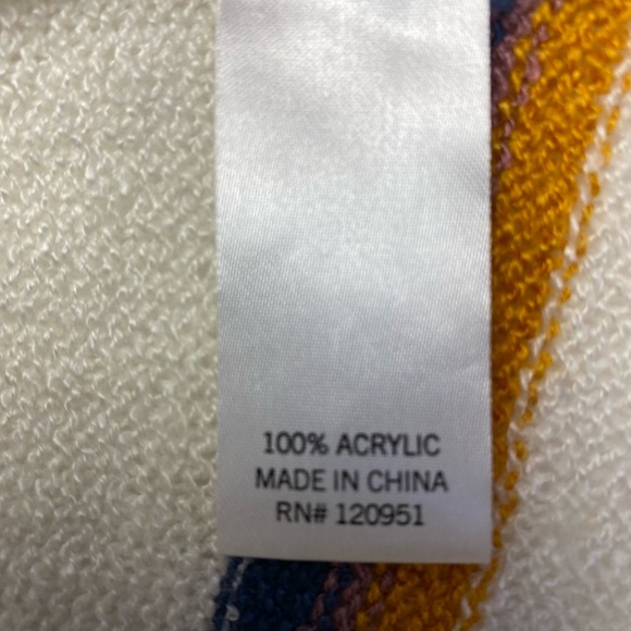 SO- Sweater- White with yellow, purple and blue stripes . Large. Open front . - Picture 6 of 7